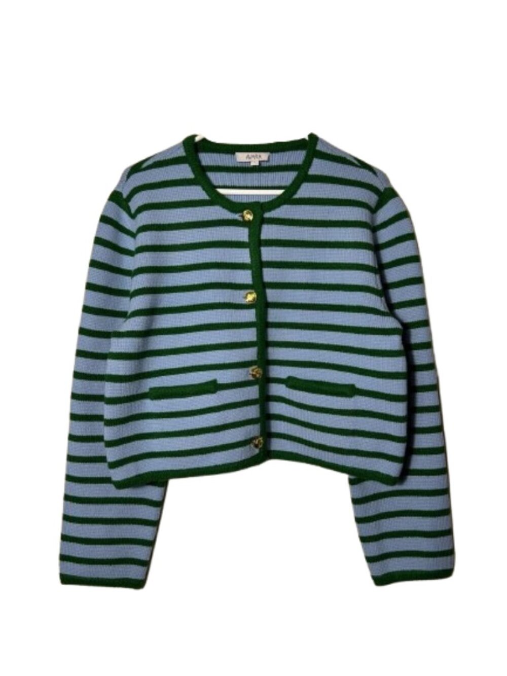Avara green blue stripe gold button cardigan womens L wool blend